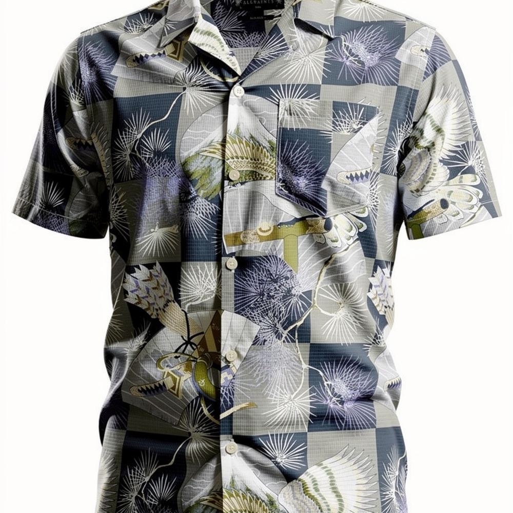 All Saints Blue and Gray Patterned Casual Shirt